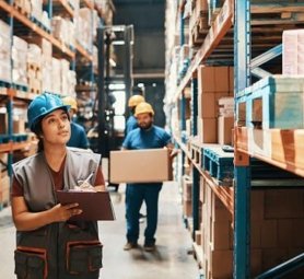 Close up of a group of workers working in a warehouse