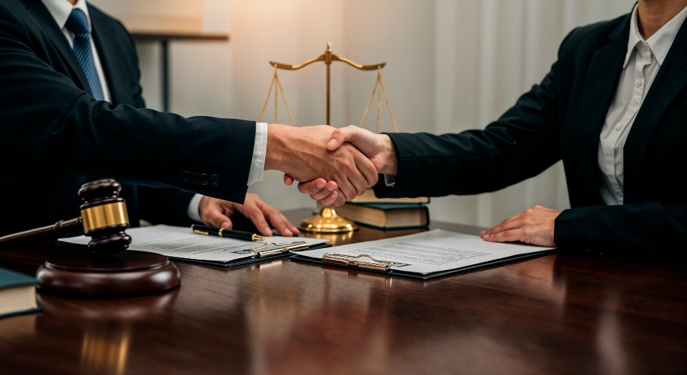 Lawyers shaking hands over contracts for legal and official documentation services