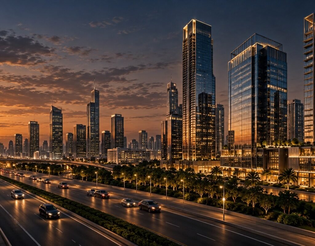 City skyline with modern high-rise towers at dusk representing Sunil Associates real estate advisory